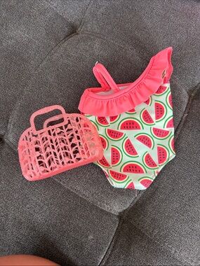 Girls Pink Watermelon Ruffle One-Piece Swimsuit with Pink Jelly Purse